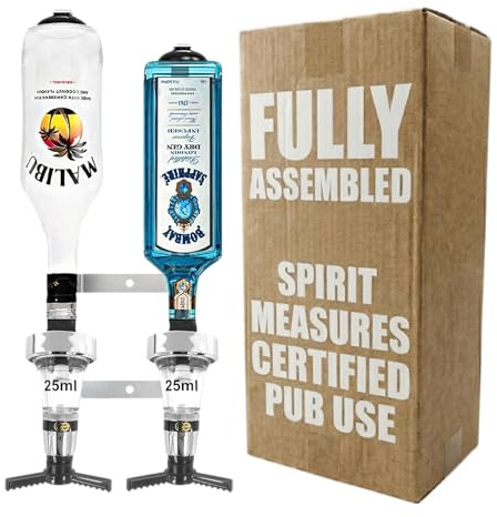 Chabrias Ltd Traditional 2 Bottle Wall Bar Rail + 25ml Chrome Optics UK Made, Fully Assembled Metal Bracket & Pub Trade Compliant Traditional Spirit Optic, Fits 70cl–1.5L Bottles
