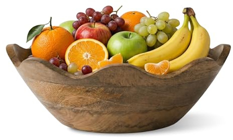 Mela Artisans 12-Inch Mango Wood Scalloped Bowl - Hand-Finished Decorative Serving and Fruit Bowl with Natural Grain for Kitchen Counter, Snacks, Desserts, Bread and Home Decor Centerpiece
