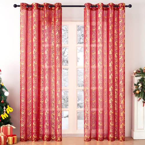 MRTREES - Cortinas navideñas translúcidas con patrón de alce y anillas, 2 unidades, para salón y habitación infantil. 245 cm de largo x 140 cm de ancho, rojo