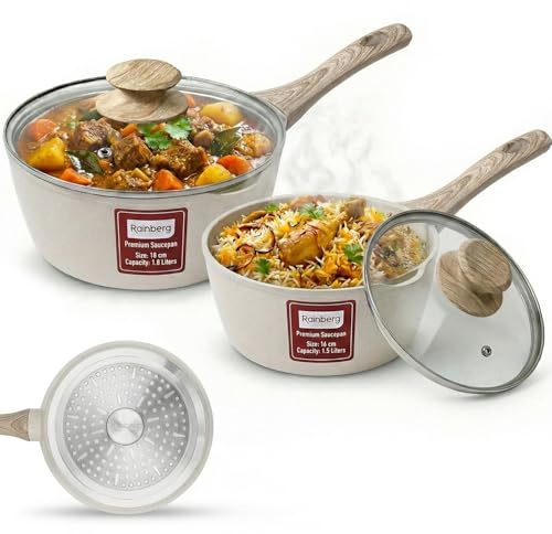 Rainberg Casserole avec couvercle, casserole à lait antiadhésive, compatible avec plaques à induction, gaz et électriques, casserole avec bec verseur (beige, 2 pièces, 16 et 18 cm)