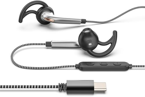 ANFLOWE ES850 - Wired USB C Headphones for Sports Running, Half In-Ear Earbuds with Mic, Secure Fit, Tangle-Free, Pure Sound, Type C Earphones for Workouts, Gym, Jogging