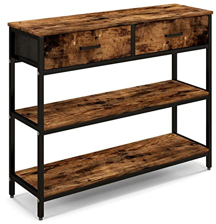 GIANTEX Tavolo da Ingresso a 3 Livelli con 2 Grandi Cassetti, 2 Ripiani Aperti, Dispositivo Antiribaltamento, Tavolo Console Rustico con Struttura in Metallo per Ingresso, Corridoio, Marrone Rustico