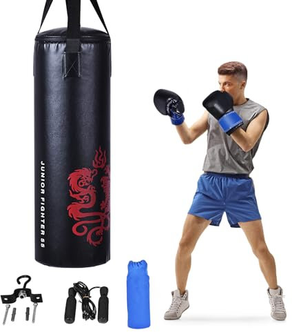 GYMAX Kids Punch Bags Set, Filled Hanging Boxing Bag with Gloves, Skipping & Ceiling Hook, Indoor Heavy Boxing Training Sets for Karate, Martial Arts and Kickboxing (29x29x73cm)