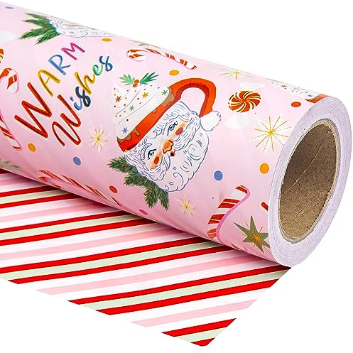 Ruspepa Vändbart julklappspapper, minirulle, 43,2 cm x 10 m, design med jultomtekoppar och ränder, för jul, helgdagar, festfirande