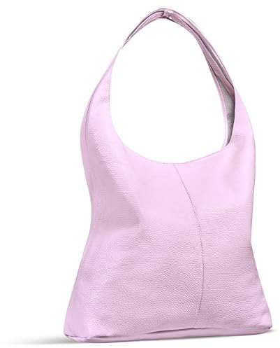 Hobo-Tasche aus italienischem Kalbsleder, ungefüttert, mit Reißverschluss, groß, lässig, Schultertasche, Geldbörse, Taschenbuch, Flieder, Large