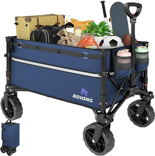 ROSONG Collapsible Wagon Cart with Wheels Foldable - Folding Utility Heavy Duty Wagons Carts for Grocery Sports Garden Shopping Camping Wheelbarrows (Navy Blue, 120L)