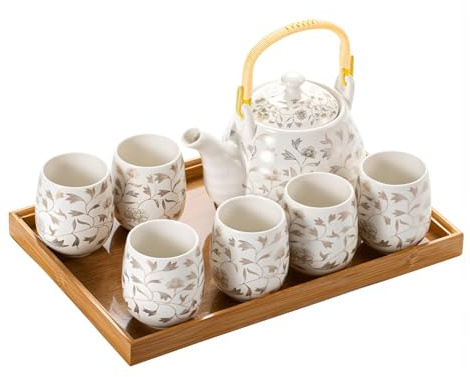 Chinesisches Teeservice 8-teiliges Tee-Set YoeEoay Weißes Porzellan Japanische Teekanne Mit Sieb Und Goldblumenmuster, Hitzebeständiger Griff Aus Stahl Und Nylon Sowie Bambusmaterial Mit Hilfs-Tablett