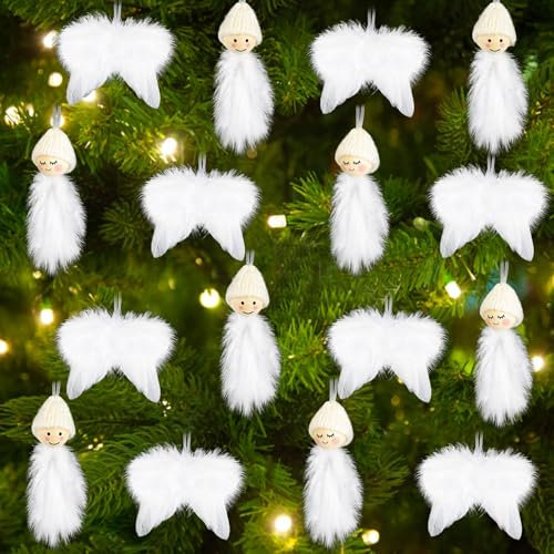 Giugio Weiß Christbaumschmuck, 16 Stück Weihnachtsbaumschmuck Engelsflügel und Wichtel Anhänger Set, Fantasie Engelsflügel Deko für Weihnachtsfeier Dekoration Hochzeitsdekoration DIY Handwerk