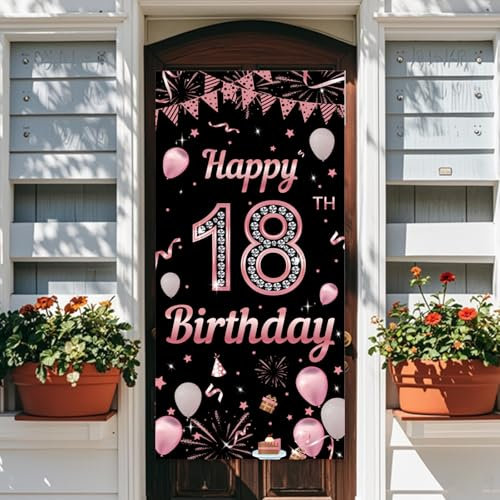 Geburtstag Banner Mann Frau, Lange Größe Roségold für Männer und Frauen, 18 Geburtstag Deko für Junge Mädchen, Extra Große Tür Banner Hintergrund Poster Schild für 18, 90 × 185 cm