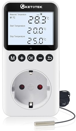 KETOTEK Presa Termostato Giorno/Notte con Retroilluminazione, Regolatore di Temperatura Digitale 220V con Timer, Sonda 3 Metri per Rettile Terrario Incubatore