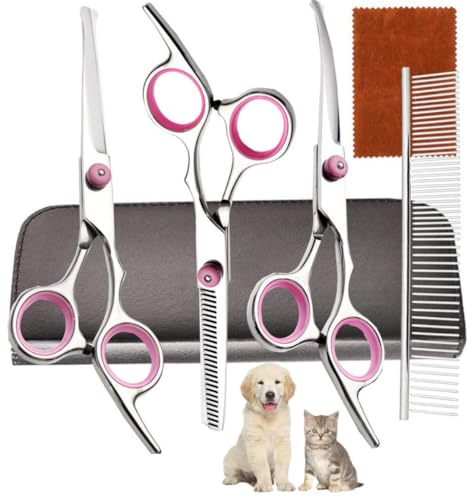 Dog Grooming Scissors - Professional Pet Grooming Kit with Flea Comb - Safety Round Tips Dog Thinning Scissors (Pink) Set of 6 | Grooming Products for Dogs Petking