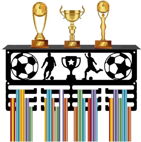 CREATCABIN Fußball Medaillenhalter Medaillenaufhänger Trophäenregal Mit 12Haken Sport Medaillenständer Metall Mit Regal Aufhängen An Der Wand Zum Aufhängen 60+Medaillen Auszeichnungsbändern 40x20x10cm