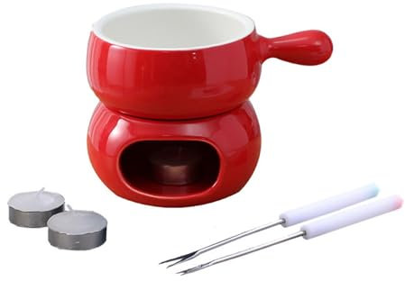 KANLVU Keramik Schokoladenfondue-Set Für Käse, Heiße Schokolade Mit 2 Gabeln Und 2 Teelichtern Schokofondue Für Dip-Erdbeeren Oder Tapas(Rot)