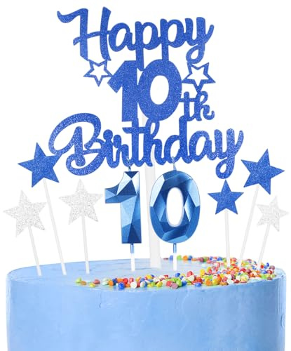 Decorazioni 10° Compleanno Blu Reale Set,Topper per Torta con Candele Numero 10, Stelle per Cupcake - Kit Anniversario per Ragazzo e Bambine