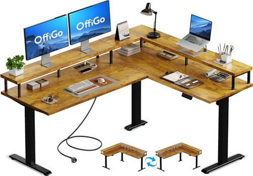 OffiGo Eckschreibtisch Höhenverstellbar, 150x120cm Schreibtisch Höhenverstellbar mit Steckdose, Elektrischer Schreibtisch L Form mit Monitorständer, Rustikales Braun