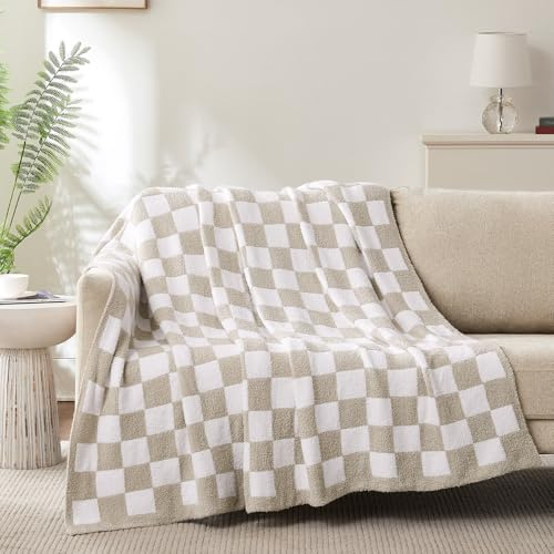 Cozzenity Checkered Throw Blanket, Taupe Soft Cozy Fluffy Knitted Throw Blankets for Couch, Sofa, Bed, Chair, Warm Fuzzy Travel Picnic Lightweight Plaid Blanket, 50x70 inches