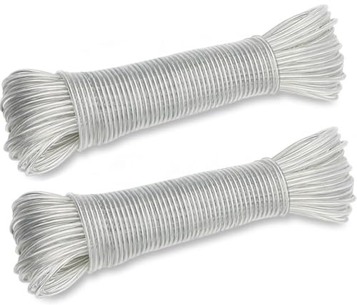 Pack de 2 Cuerdas de Acero Tendedero Exterior 40m, Revestimiento de PVC Transparente, Cuerdas tendedero Exterior, Resistente y Duradera, Cuerda para Tender Ropa Exterior