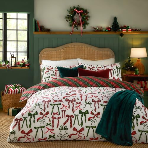Set copripiumino Furn Nathalie Bows – Biancheria da letto natalizia reversibile con motivo a quadri (Berry/Pino - Matrimoniale)
