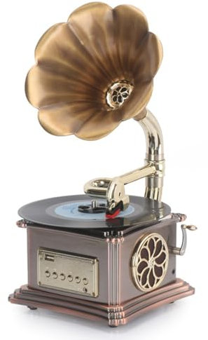 Mini Vintage Record Wlating, Vinyl Gramophone Turntable avec Copper Horn Nostalgic, USB, AUX, FM Radio Bluetooth Conférencier, pour les festivals de bureau à domicile uniques pour les mélomanes.