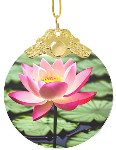Lotus blomtryck cirkulärt glas hänge – hängande dekoration med metallspänne, hem- och kontorsdekoration