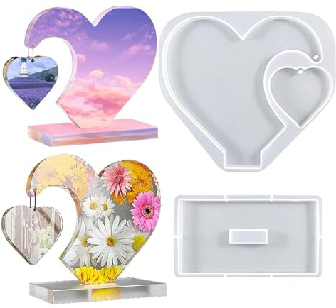 ZOMKIFA Moule silicone coeur cadre photo résine epoxy, 2 pièces avec support moulage résine, réutilisable démoulage facile, DIY déco mariage Saint-Valentin grand format 18,3x20,2cm