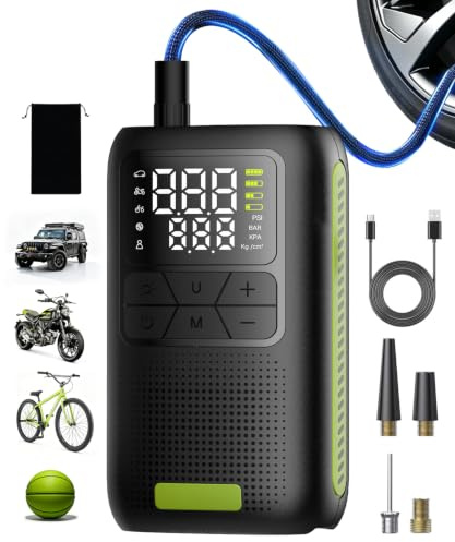 Elektrische Luftpumpe 150PSI Akku-Luftpumpe Auto Fahrrad Mini Kompressor | Akku Fahrradpumpe mit Auto-Stopp, LED Licht, Powerbank & USB-C. Ideal für Motorrad, Bälle, Camping & Reisen unterwegs.