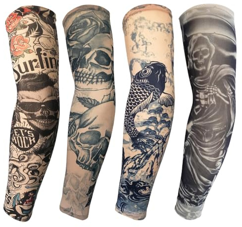 XETHI 4 Pièces Manchette Tatouage | Faux Tatouage Homme Extensibles pour Femmes | Protection Manchon pour Vélo & Pêche & Activités de Plein Air