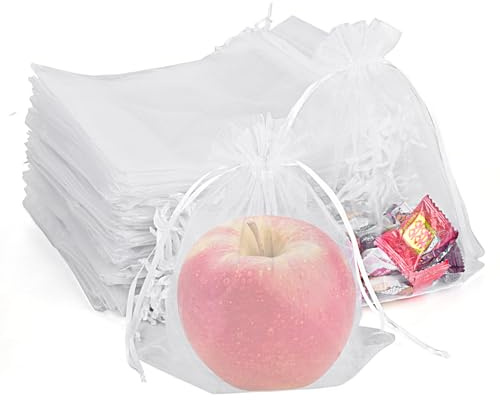 PLECUPE 100 Stück Organzasäckchen 20x30 cm, Organzabeutel Tunnelzug Hochzeit Säckchen, Schmuckbeutel Drawstring Säckchen Beutel für Weihnachten Geschenke Schmuckaufbewahrung Verpacken - Weiß