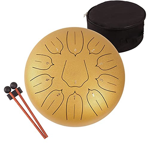 LOMUTY Stahlzungentrommel, 12 Zoll 30 cm Steel Tongue Drum, C-Dur 11 Noten, Handtrommel HandPan Drum mit Drumsticks,Musikbuch,Tragetasche und Fingerpicks(Gold)