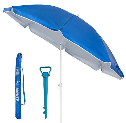 LOLAhome Pack de sombrilla de Playa de 8 Varillas y Soporte de Arena con protección Solar UPF+50 de Acero y Nylon Azul, de Ø 220 cm