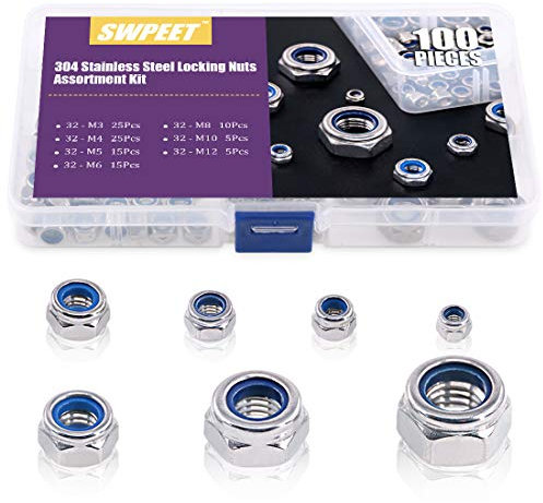 Swpeet 100 Stück 304 Edelstahl Selbstsichernde Hutmuttern Sicherungsmuttern Sortiment 170 Stück, M3 M4 M5 M6 M8 M10 M12 Nyloneinsatz Kontermutter