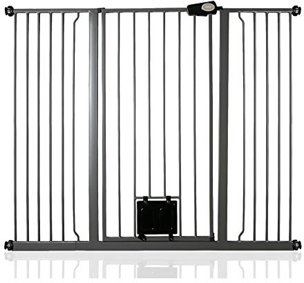 Bettacare Djurgård med Låsbar Kattlucka, 133.2 cm - 140.8 cm, Skiffergrå, 104 cm i Höjd, Extra Hög Hundskyddsbarriär med Kattlucka, Enkel Installation