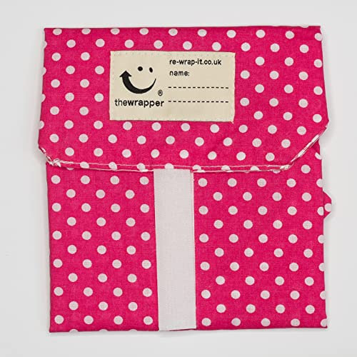 the Wrapper, Re Wrap It Sandwich Bags, Cerise Pink with White Dots, No Waste Packaging, Eco Friendly, Reusable Food Wraps. Made In Scotland.
