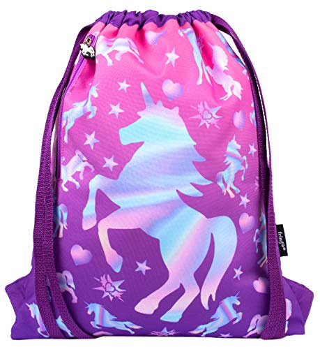 Fringoo Kids Drawstring Bag for Boys & Girls, PE Kit Bag with Front Zip Pocket, Swimming Bag for kids - Purple