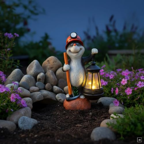 ABC Home | Solar Gartenfigur Maulwurf mit LED-Laterne – 29 cm hoch – Lichtsensor & Solarpanel – Wetterfeste Dekofigur aus Kunststoff für Garten & Balkon