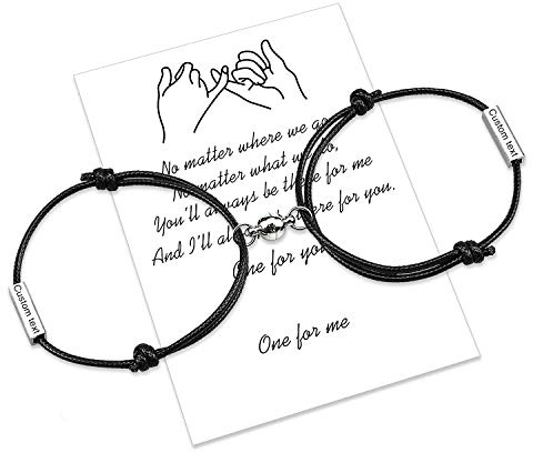 uwows Personalizar la atracción de cuerda trenzada 2 pulseras con campanas magnéticas 4 lados grabado perfecto regalo de joyería para pareja, familia, hermanas, mejores amigos (2pcs Black)