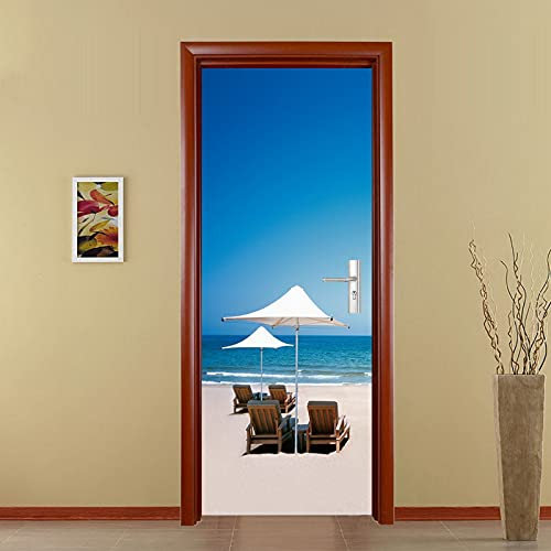 A.Monamour Türtapete Selbstklebend Türfolie Türposter 3D Sonnenschirm Und Stühle Am Sandstrand Blaues Meer Tropische Landschaft Vinyl Folie Türdeko Tapete Wandbild Türaufkleber Türtattoo 85 x 200 cm
