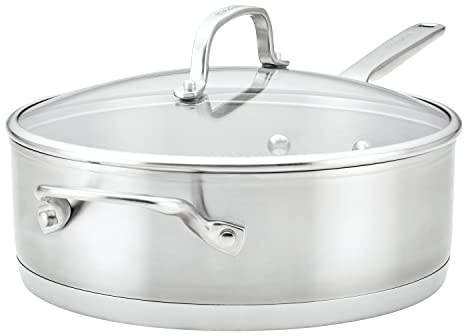 KitchenAid 71027 3-Ply Base Brushed Stainless Steel Deep Saute Pan with Helper Handle and Lid, 4.5 Quart - Brushed Stainless Steel