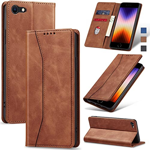 Jasonyu Skal för iPhone SE 2022/iPhone SE 2020/iPhone 7/iPhone 8, Premium Läder Vikbart Skyddande Fodral [Hölster, Magnetisk, kortfack, stativfunktion] Wallet Leather Case Cover (Brun)