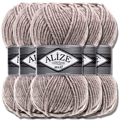Alize 5 x 100 g Superlana Maxi Türkische Premium-Wolle, Baumwolle und Acryl, Handstrickgarn, einfarbig, Baby-Strickgarn (gemischt - 207)