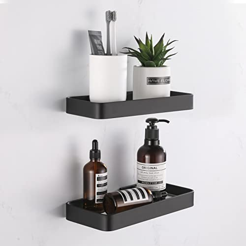 HANFU Duschablage Ohne Bohren, Aluminium Badezimmer Regal Selbstklebend Duschkorb Ablageregal mit Mattglas, 25cm Badregal für Dusche Badezimmer Küche Balkon, Duschregal 2 Stück Schwarz