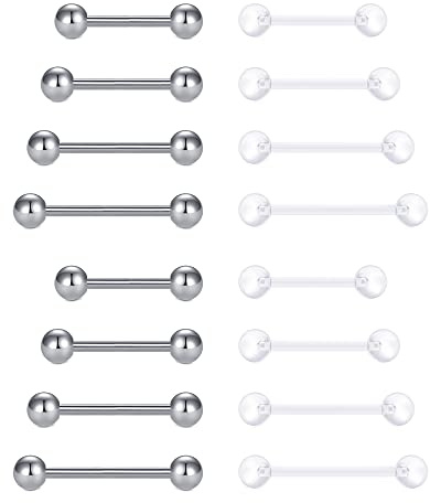 LAURITAMI 8 Paar Zungenpiercing 14G 12/14/16/18mm Stablänge Chirurgenstahl Zunge Brustwarzen Barbell Piercing Straight Bar