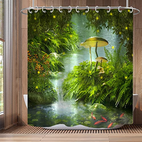 Bovlleetd Cortina de Ducha de río, Paisaje Natural, Plantas Verdes, Piedra de Hoja de Loto, Cortinas de Ducha de Hongos Grandes, Cortina Decorativa Impermeable para partición de baño