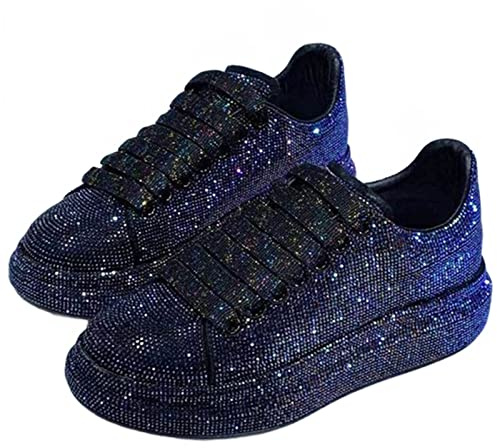 Julymens Women's Glitter Rhinestones Platform Sneakers Casual Lace-Up Sports Shoes SH023 Black US7.5