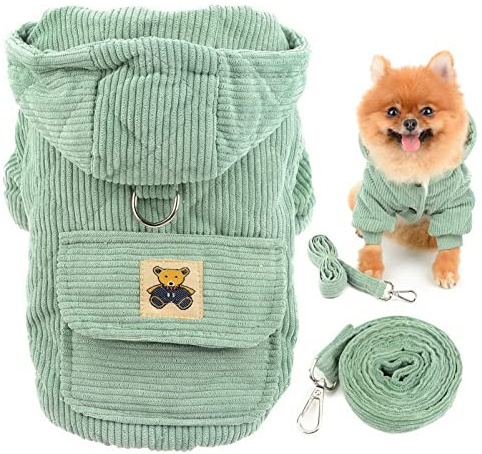 SMALLLEE_LUCKY_STORE Haustier-Kord-Kapuzenpullover Wintermantel, Fleece-gefütterte Jacke für kleine Hunde Katzen mit D-Ring und Leine, Welpen Chihuahua Yorkie warme Kleidung, Grün, S