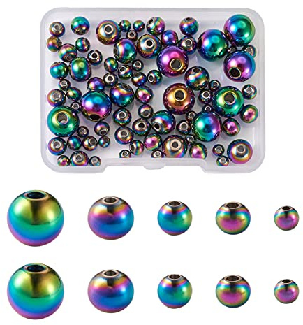 Cheriswely 80Pcs Rainbow Color Round Beads 304 Stainless Steel Beads Ball Spacer Loose Beads for DIY Bracelet Necklace Jewelry Making