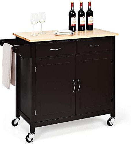COSTWAY rollende Kücheninsel aus Gummiholz, Küchenwagen mit Handtuchhalter & verstellbarem Regal & Schubladen, Servierwagen mit Arbeitsplatte für Küche, Esszimmer & Bar (Rustikales Braun)