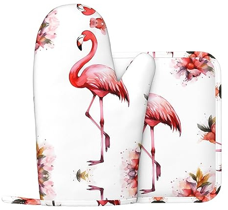 Ofenhandschuhe Und Topflappen Sets Flamingo Gedruckt Hitzebeständige Ofenhandschuhe Rutschfest Waschbar Kochen Handschuhe Für Küche Kochen Backen BBQ