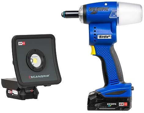 Gesipa Birdie 1744282 - Remachadora ciega (incluye baterías de iones de litio, cargador y luz de inundación, potencia de 10.000 N, almacenamiento en L-Boxx)