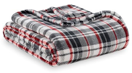 Berkshire Blanket-Classic Heavyweight Warm Soft Printed VelvetLoft® Plush Blanket, King Size Soft Fuzzy Blanket for Couch Sofa Bed, Plaid Black Red, 90in x 108in